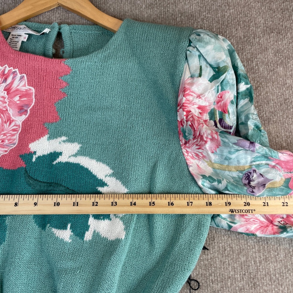 Anne Crimmins Umi Collections Sweater Floral Puff‎ Sleeve Knit Aqua Pink Sz L - Picture 5 of 15